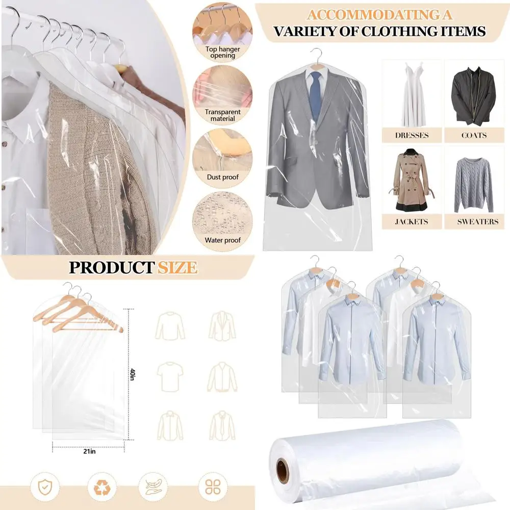 

Clear Plastic Dry Cleaning Bags - 21x40 Inches for Hanging Clothes, Suits, Dresses, Coats, and Uniforms Storage