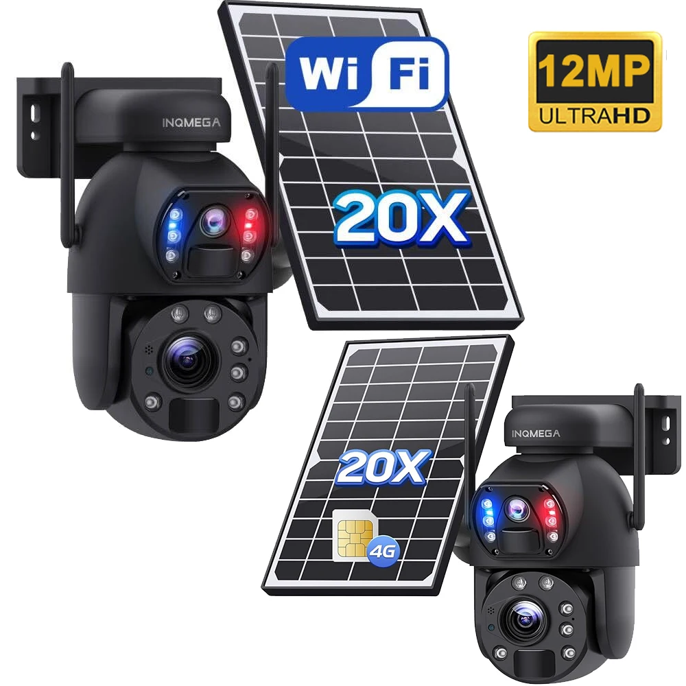 

INQMEGA 20X ZOOM Solar Camera 4G SIM 12MP Outdoor 360° Wireless WIFI Battery Security Cameras with Solar Panel PIR Night Vision