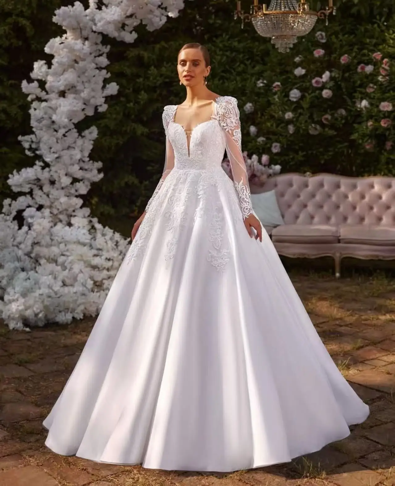 

Customized Beautiful A Line Wedding Dresses Women V Neck Lace Appliques Bride Gowns Long Sleeve Backless