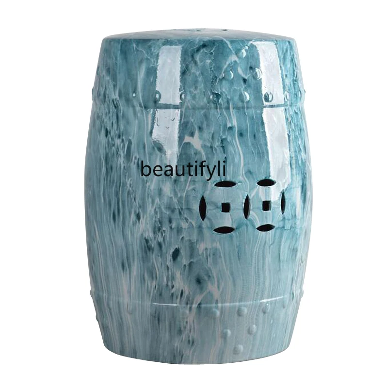 New Chinese Ceramic Drum Stool Marbling Shoe Changing Stool Jade Embroidered Pier Balcony Foot Bench Ceramic Stool