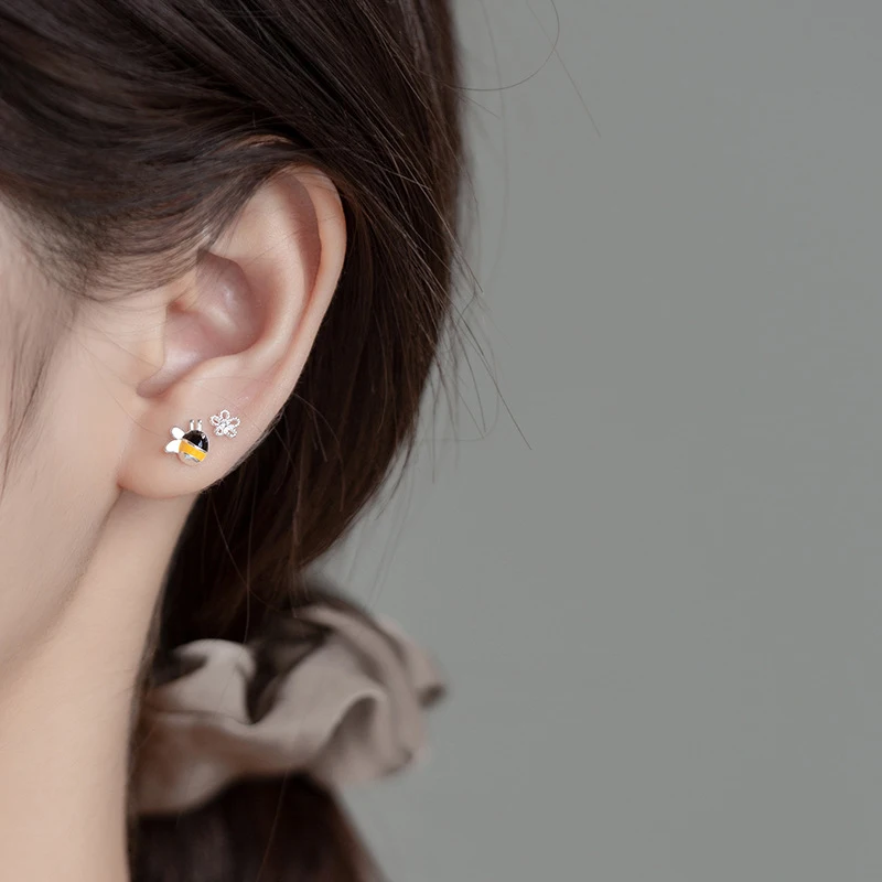 Modian Genuine 925 Sterling Silver Insect Bee Enamel Flower Stud Earrings for Women Small Cute Fashion Jewelry Gifts Pendientes