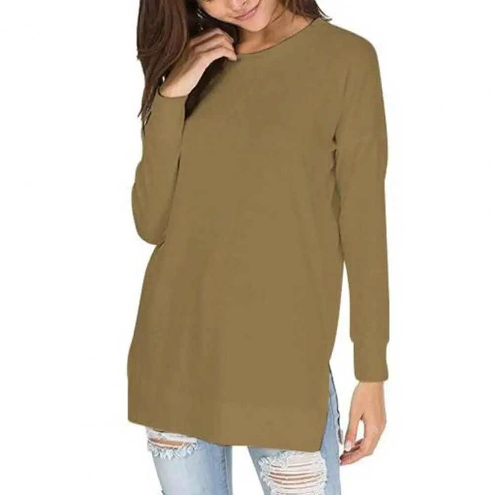 Mid-length Blouse Loose Fit Round Neck Long Sleeve Women's Pullover Tops Solid Color Streetwear Fashion for Mid-length Tee