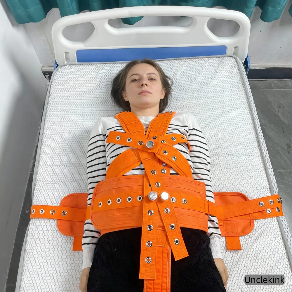 Orange Patient Safety Restraint Belt - Shoulder, Waist & Crotch Straps with Magnetic Lock for Hospital Bed Elderly Dementia Care