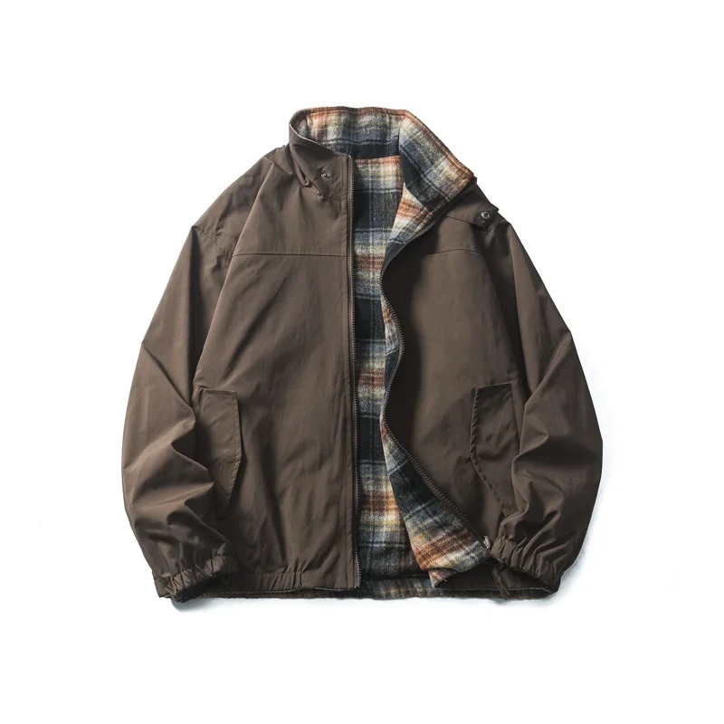 سترة رجالي مزدوجة الجوانب قابلة للعكس منقوشة بياقة واقفة معطف مدرب خفيف الوزن سترة واقية للخريف ملابس خارجية سترة شتوية للرجال #4