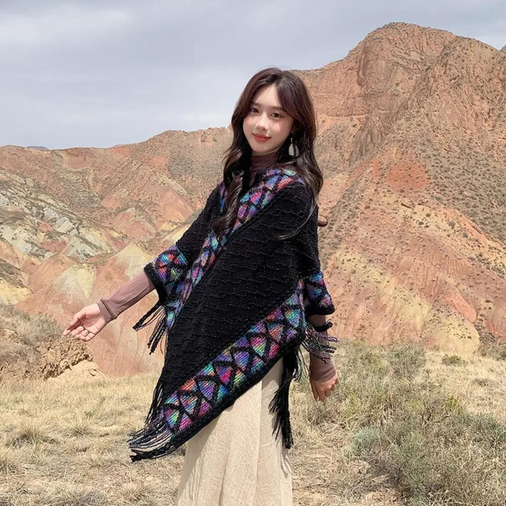 أنيقة الطباعة العرقية نمط وشاح المعينية شريط محبوك كيب موضة بوهيميا شرابة الأوشحة السفر عطلة #3