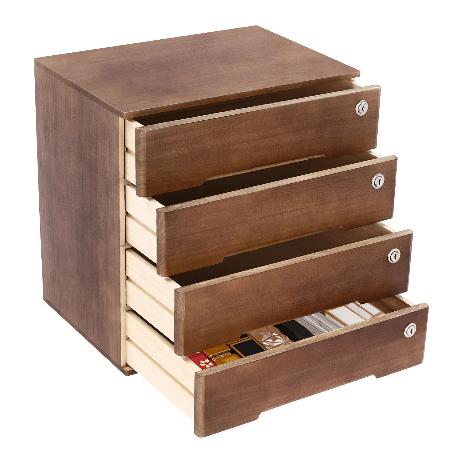

Desk Organizer Wooden Desktop Storage Box Desktop Box with Lockable Drawers
