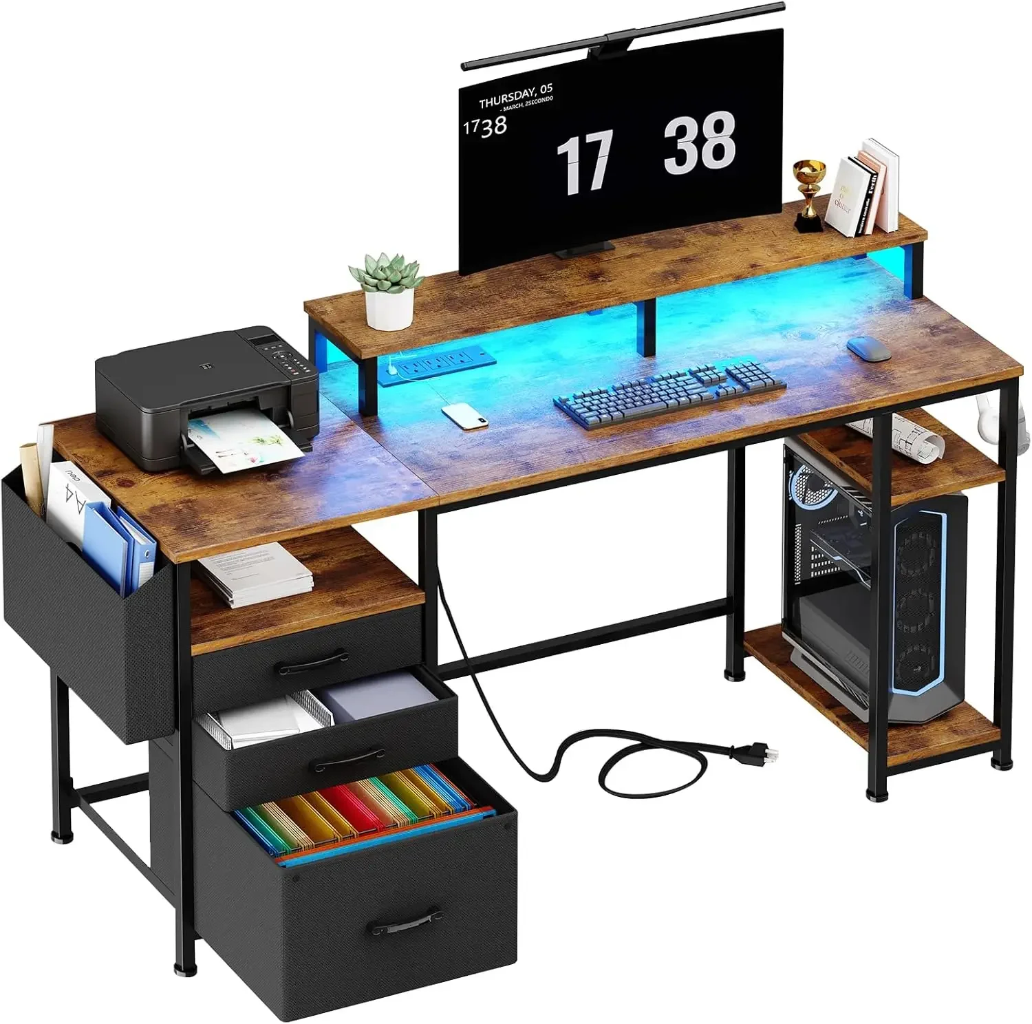 

Computer Desk with Fabric File Drawers Cabinet 55 Inch Home Office Desk with Shelves Monitor Stand Study Writing Gaming Desks