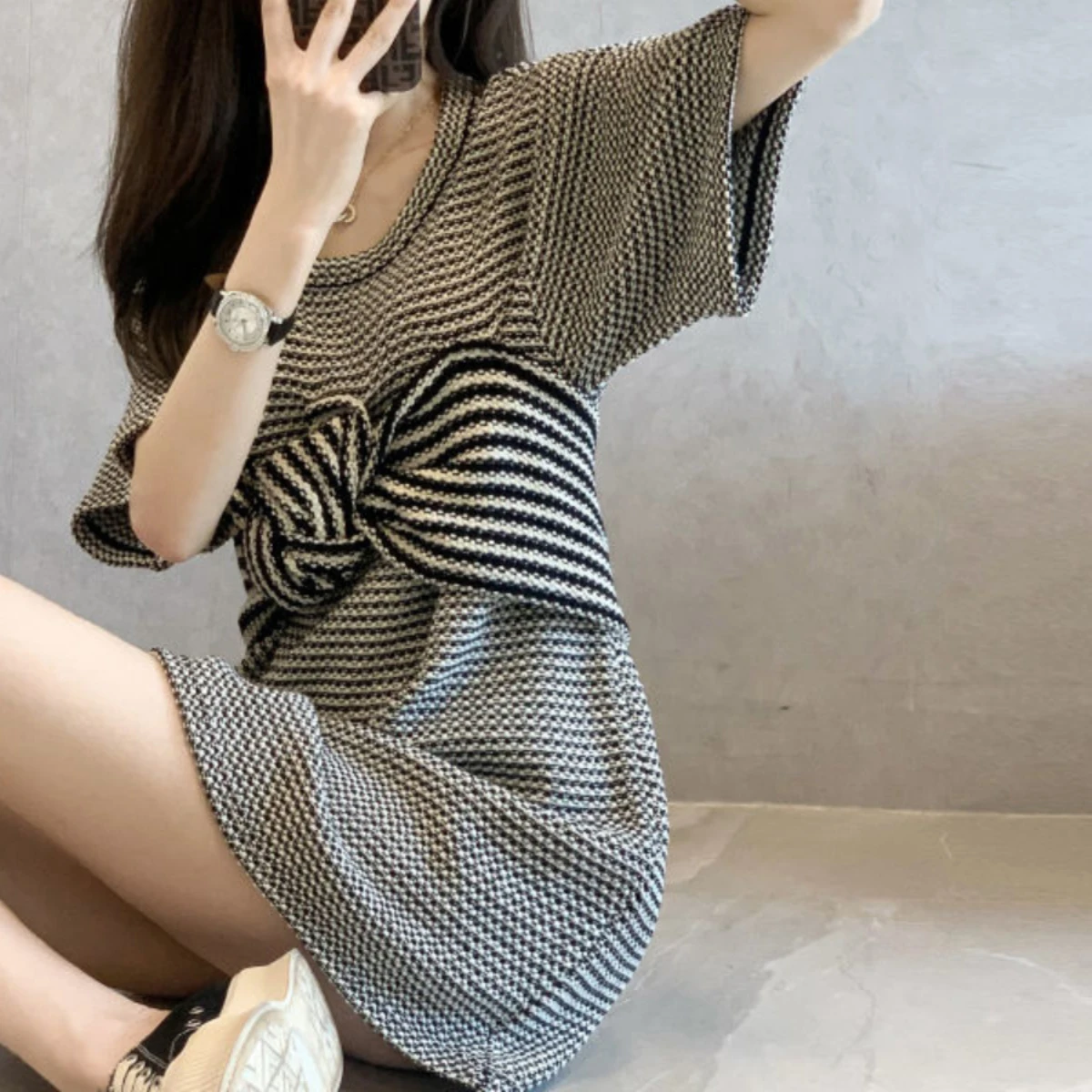 Women Bow Striped T-shirt Dress Summer Fashion Round Collar Short Sleeve Mini Dresses 2025 New Style Slim Fit Design