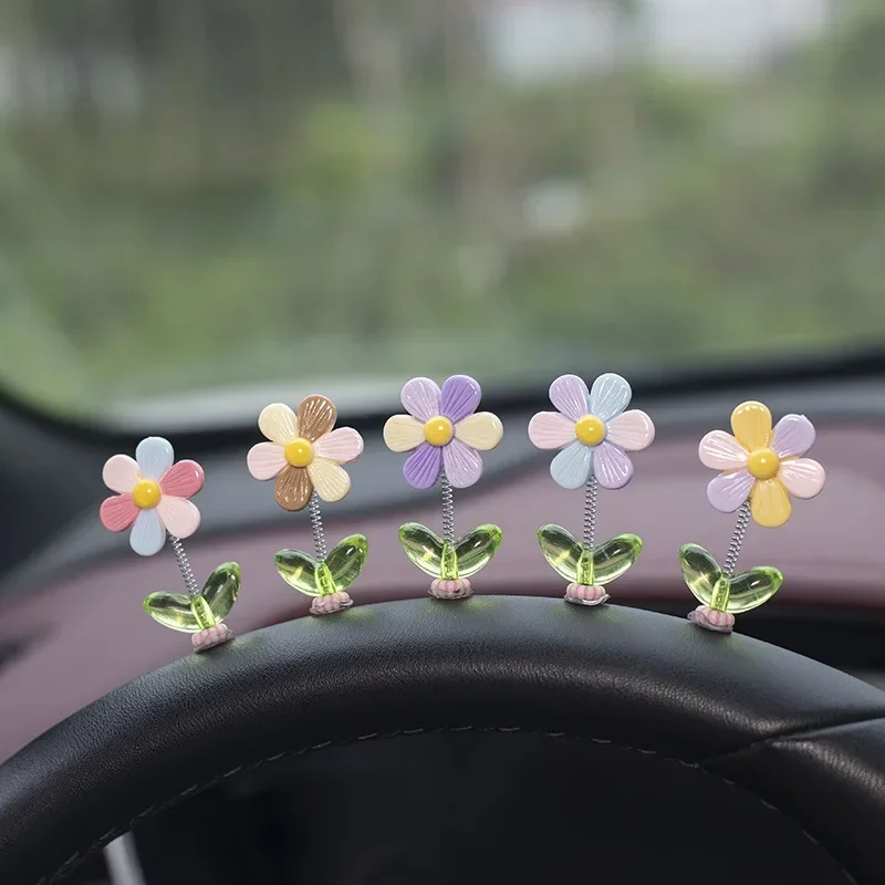 Swinging Flower Car Dashboard Center Console, Cartoon Chrysanthemum Pendant, Car Interior DIY Decoration, Dashboard Accessories