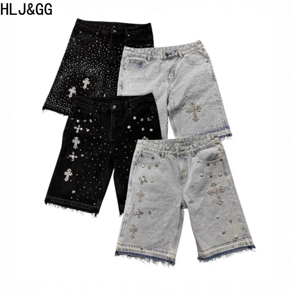 

HLJ&GG Fashion Rhinestone Straight Hip-hop Jeans Women High Waisted Button Loose Denim Pants Summer New Cowboy Bottom Streetwear