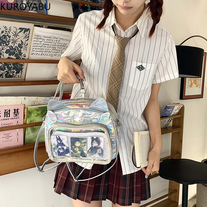 Japanese Anime Cat PU Leather Backpack Y2K Teen Girls Fashion Display Transparent Crossbody Bag Student Casual School Bookbag