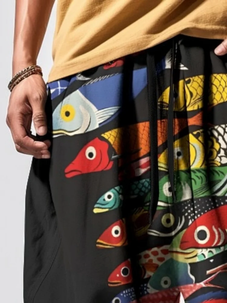 メンズ マルチカラー フィッシュプリント ルーズ ドローストリング ウエスト スウェットパンツ カジュアル エラスティック ウエスト ヴィンテージ ボトムス 2025 シック ポケット スポーツパンツ