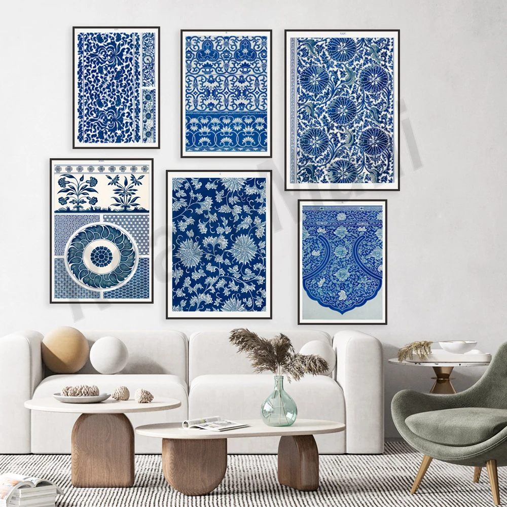 Owen Jones abstract geometric blue floral pattern, South Kensington Museum print, floral poster wall art home decor