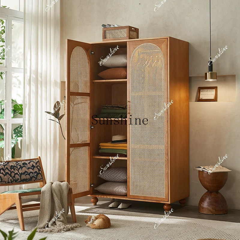 Solid wood rattan locker simple modern retro homestay bedroom double door coat cabinet  FT