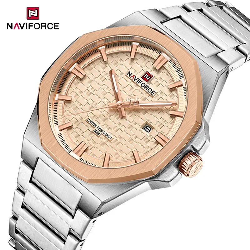 นาฬิกาข้อมือผู้ชาย NAVIFORCE รุ่นใหม่ สไตล์ลำลอง สปอร์ต ควอตซ์ สายสแตนเลส กันน้ำ พร้อมปฏิทิน บรรจุภัณฑ์ของขวัญ