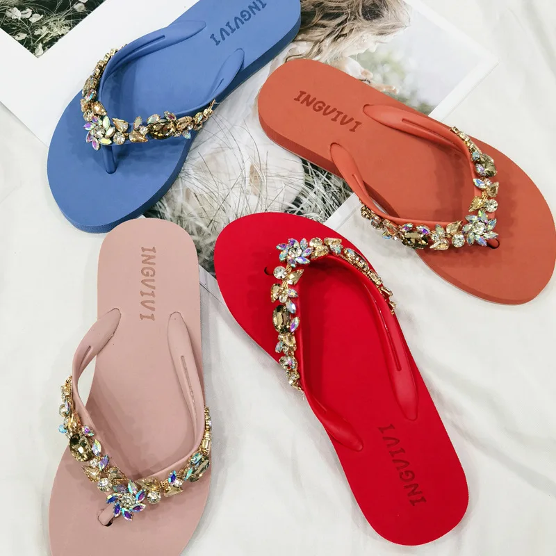 Slippers Women Glitter Flip Flops Summer 2024 Fashion Outdoor Rhinestone Chain Wedge Beach Slippers Jelly Hawaiian Flat Sandals