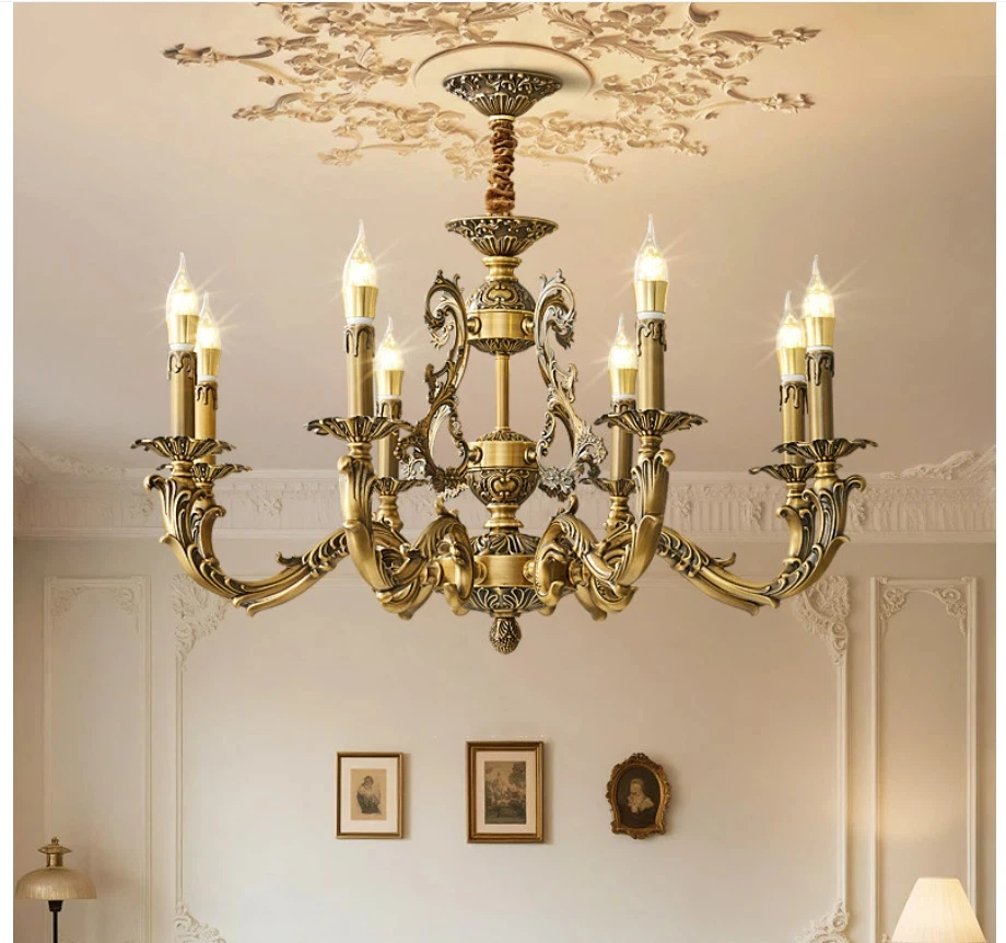 

European Antique Brass Copper Chandelier D70cm H46cm 6lights E14 Deco French Chandelier Candle Style Lighting Home Decoration
