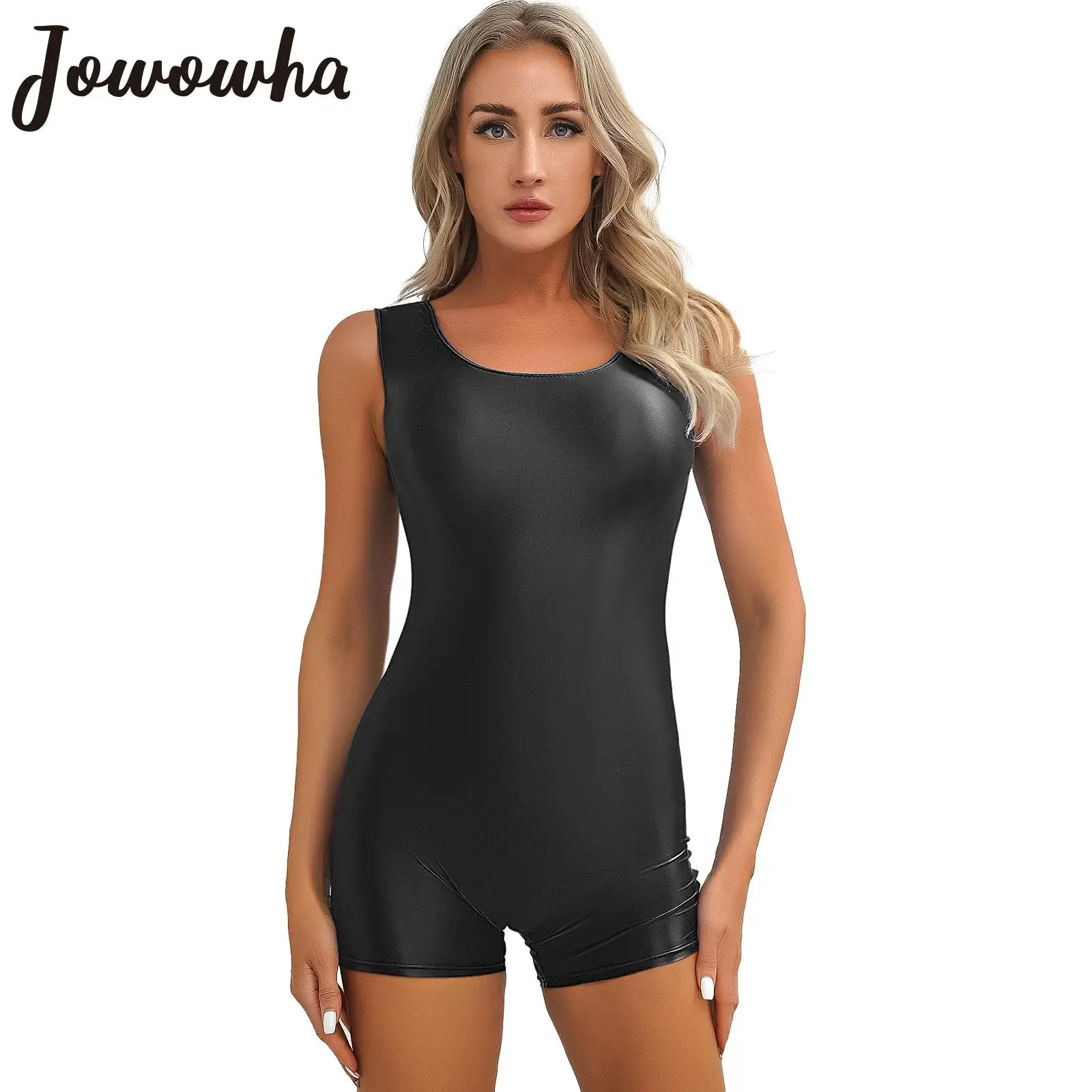 Womens Glossy Short Jumpsuit Solid Color Sleeveless Stretchy Bodysuit Yoga Dance Fitness Bodybuilding Workout Swimwear Clubwear