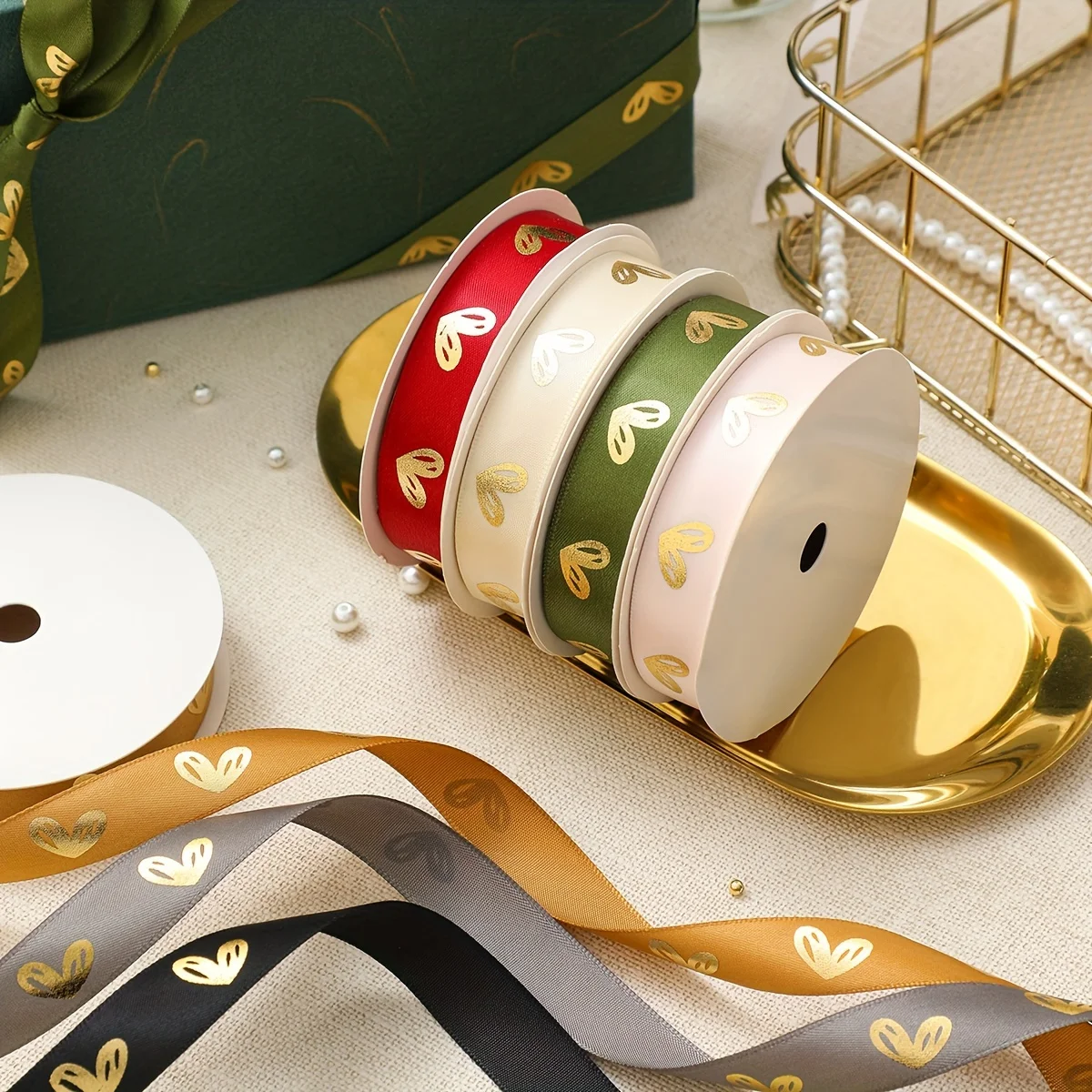 

Red Ribbon with Gold Heart Pattern Roll | Valentine's Day Gift Wrapping Party Decor DIY Craft Supplies