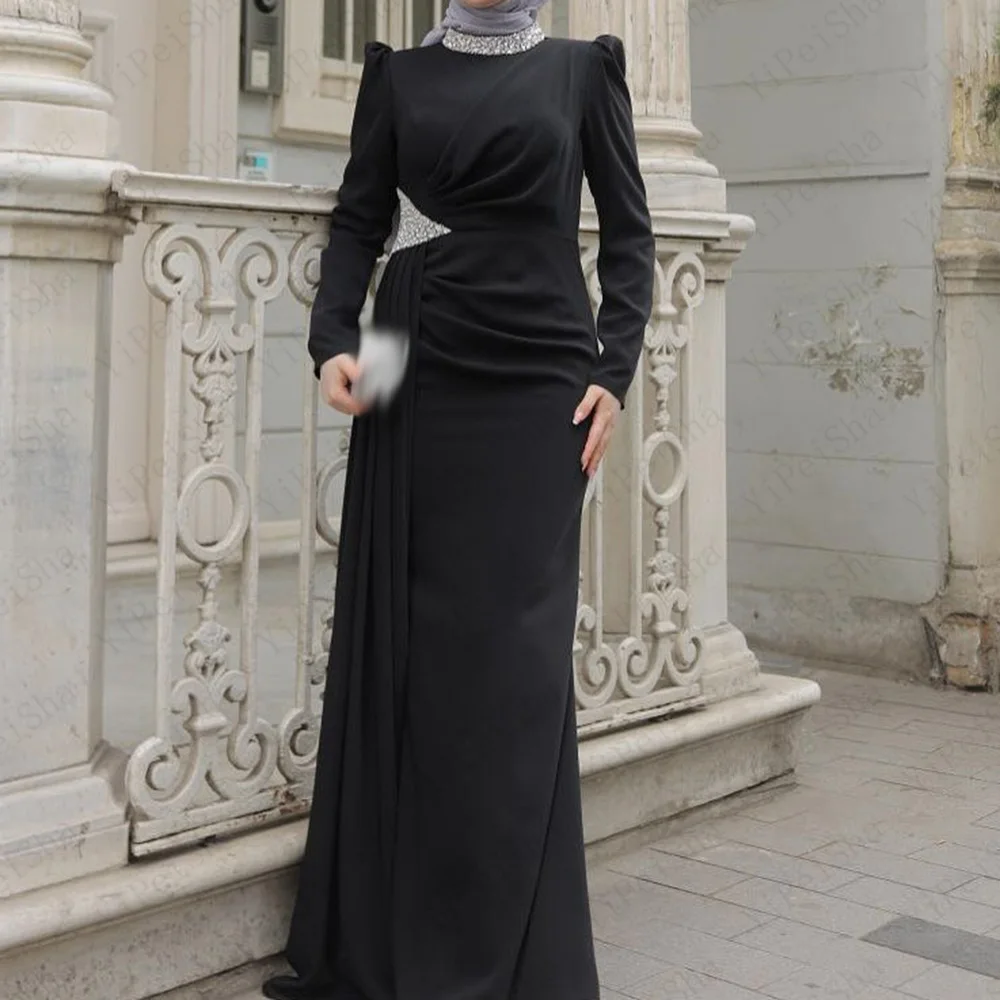 

Customized A-Line Prom Dresses Floor-length High-Neck Full Sleeve Evening Gown Fashion Crystal Pleat Simple Draped Party Gown