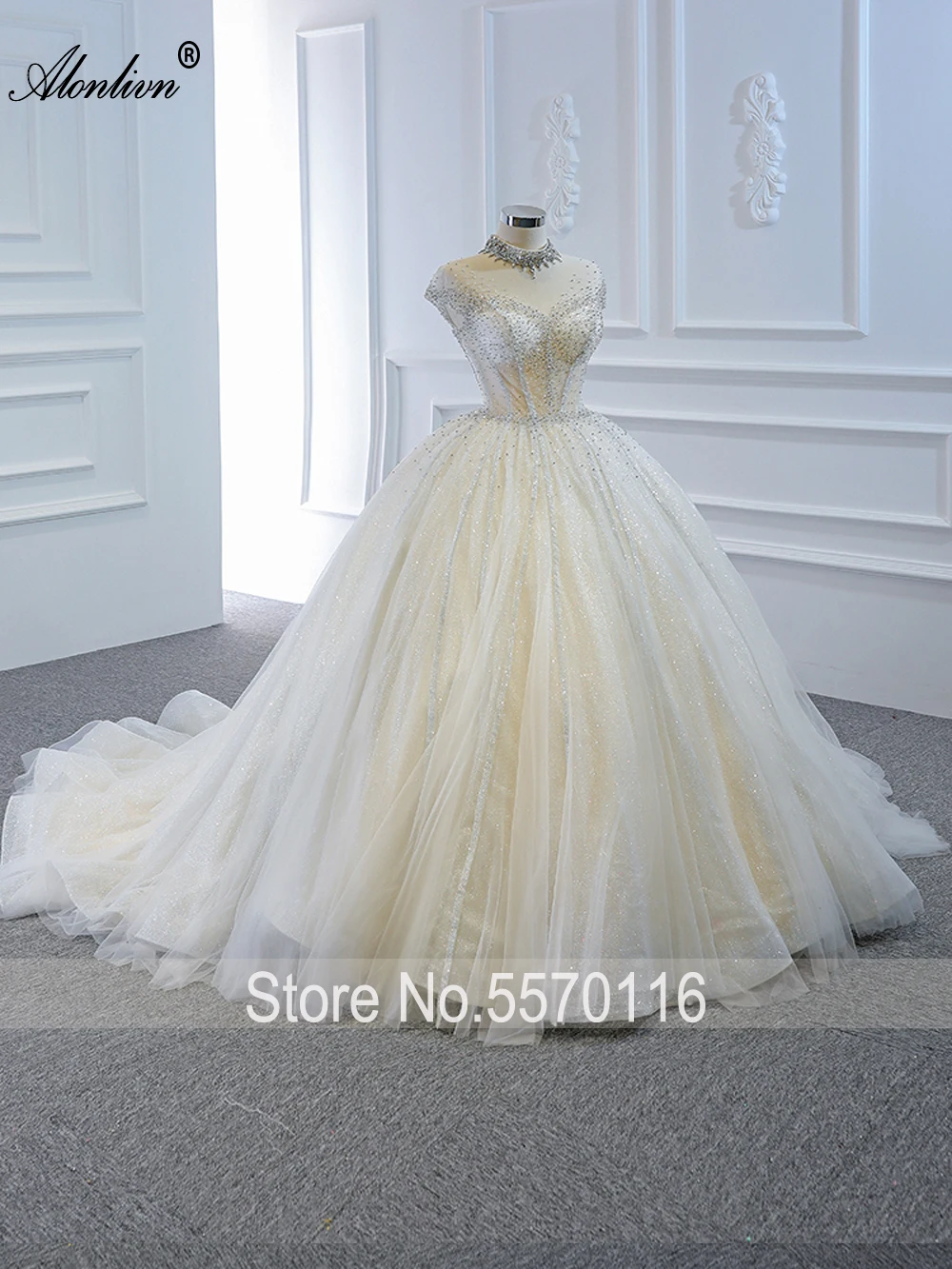 Alonlivn Shiny Lace Ball Gown Wedding Dresses High Collar Beading Crystals Pearls Elegant Bridal Skirts