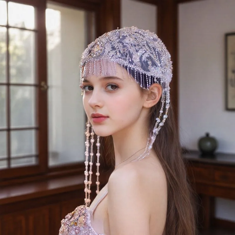Machine Embroidery Vintage Beaded Headdress Lace Mesh Tassel Cap Hair Accessories Wedding Dress Toupee