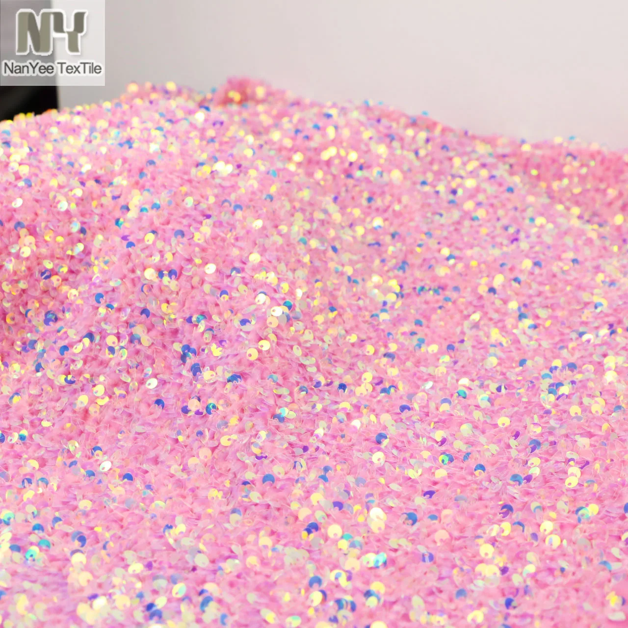 Heavy Weight Soft Pink Iridescent 5MM Foam Embroidery 3D Sequin Velvet Fabrics Velour Backing