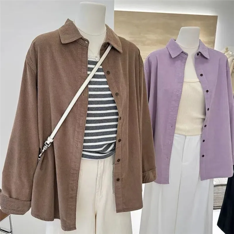 

Shoulder Purple Retro Women's Corduroy Shirt Coat 2025 Spring Autumn Female Long Sleeve New Loose Joker Casual Blouse Jjacket
