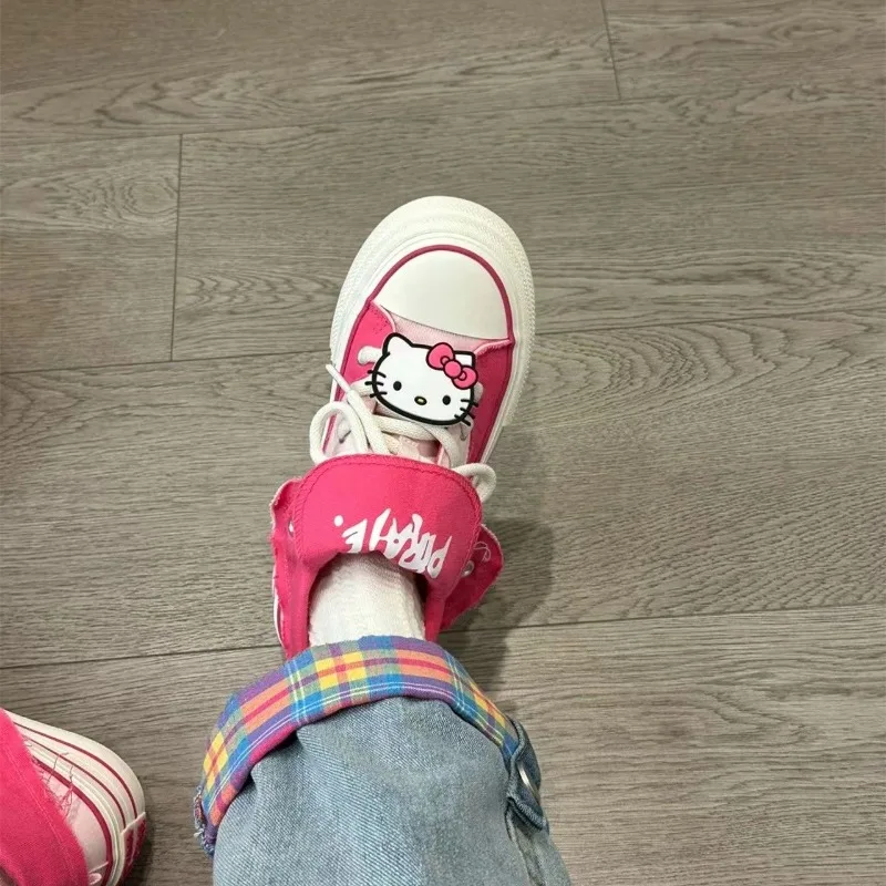 Sanrio Dopamine Hello Kitty Girls Canvas Shoes Student Casual Platform Sneakers Versatile Kawaii High Top Y2k Shoes 2024 New