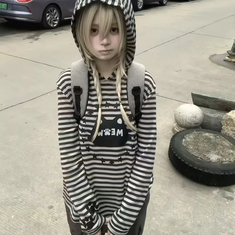 

HOUZHOU Black Striped Hoodies Women Y2k Harajuku Print Graphic Long Sleeve Hooded Sweatshirts Kawaii Japanese Style Loose Casual