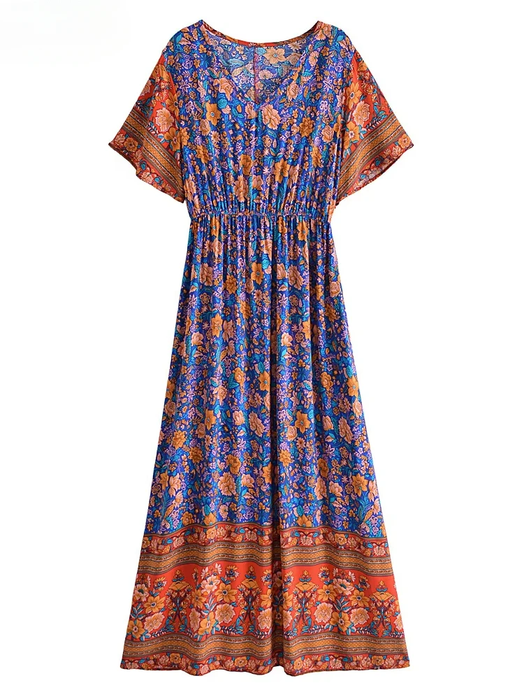 Vintage Chic Women Multi Floral Print Short Sleeve Beach Bohemian Maxi Dress Ladies V-neck Rayon Cotton Summer Boho Dresses Robe