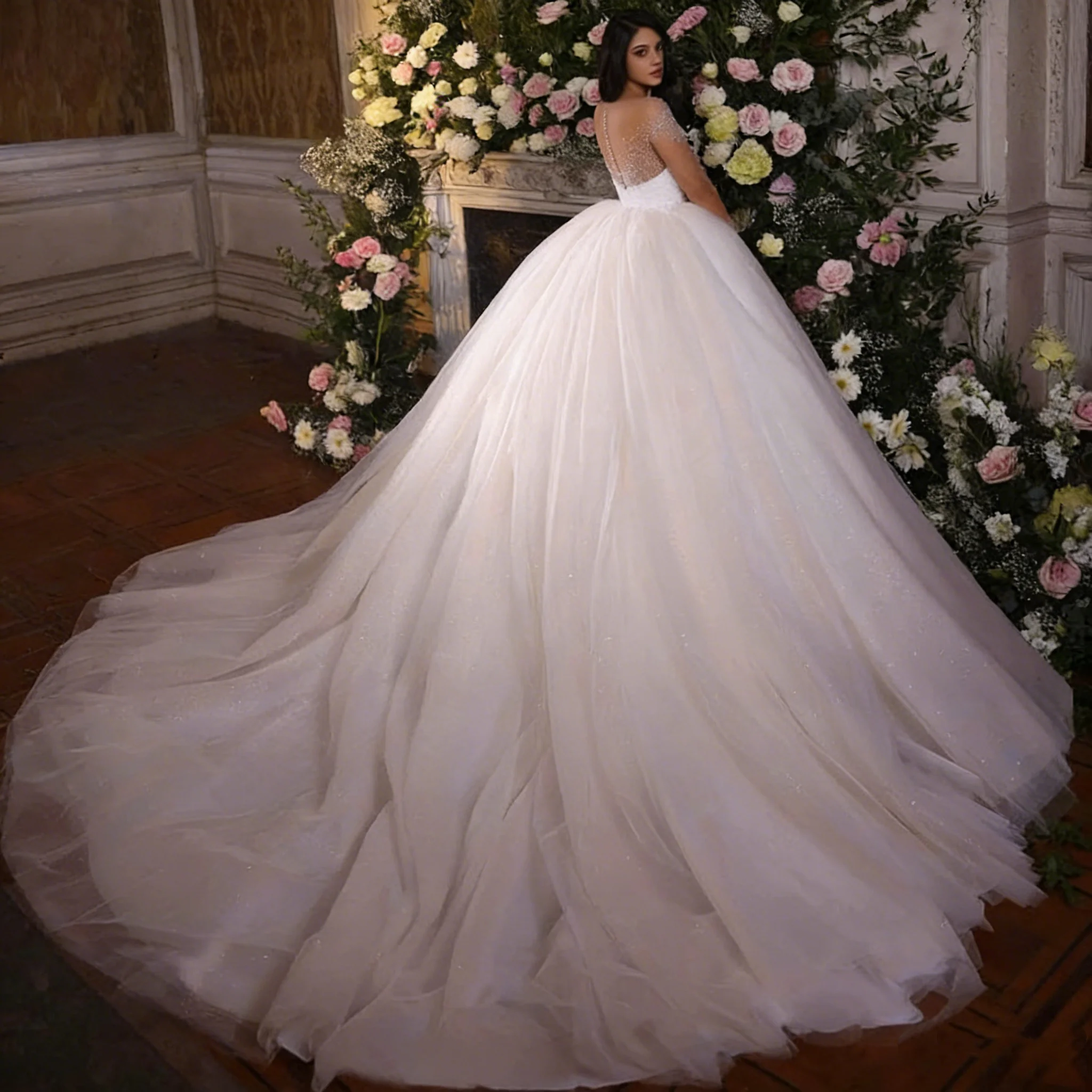 Customized Romantic Sweetheart Ball Dress Wedding Dress Transparent Phantom Collar Long Sleeve Shiny Tulle Bride Dress