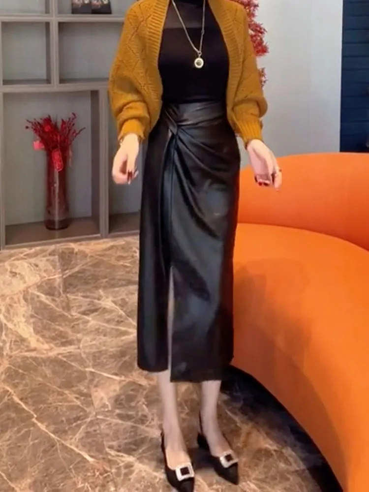

Ele Pleated Asymmetrical High Waist PU Leather Skirt Bla Commute Vintage Sle Women's plus Size Skirts