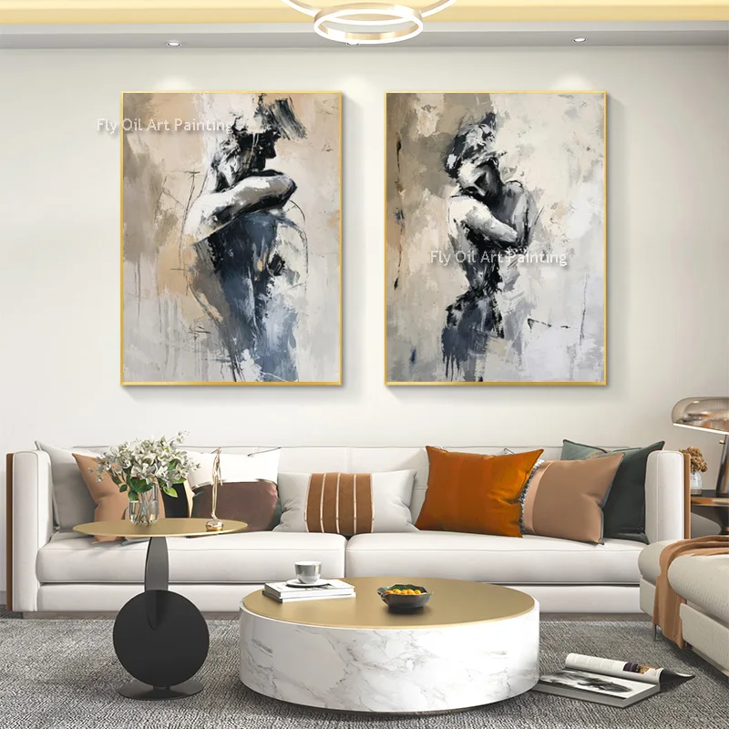 Abstract Lover woman Hug Wall Art Handpainted New Original Set Of Two Couple Hug Canvas Thick Oil Painting For Home Hall