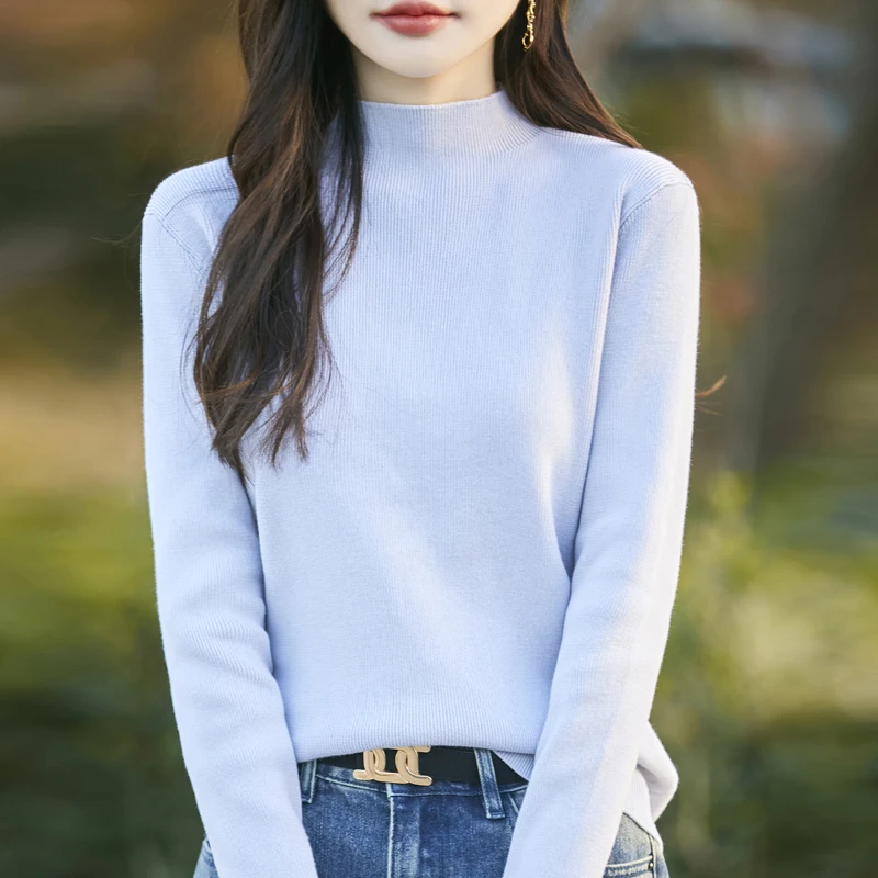 

Autumn and Winter New Women's 100% Cotton Sweater Casual Knitted Half High Collar Pullover Slimming Basic Versatile Women's Top