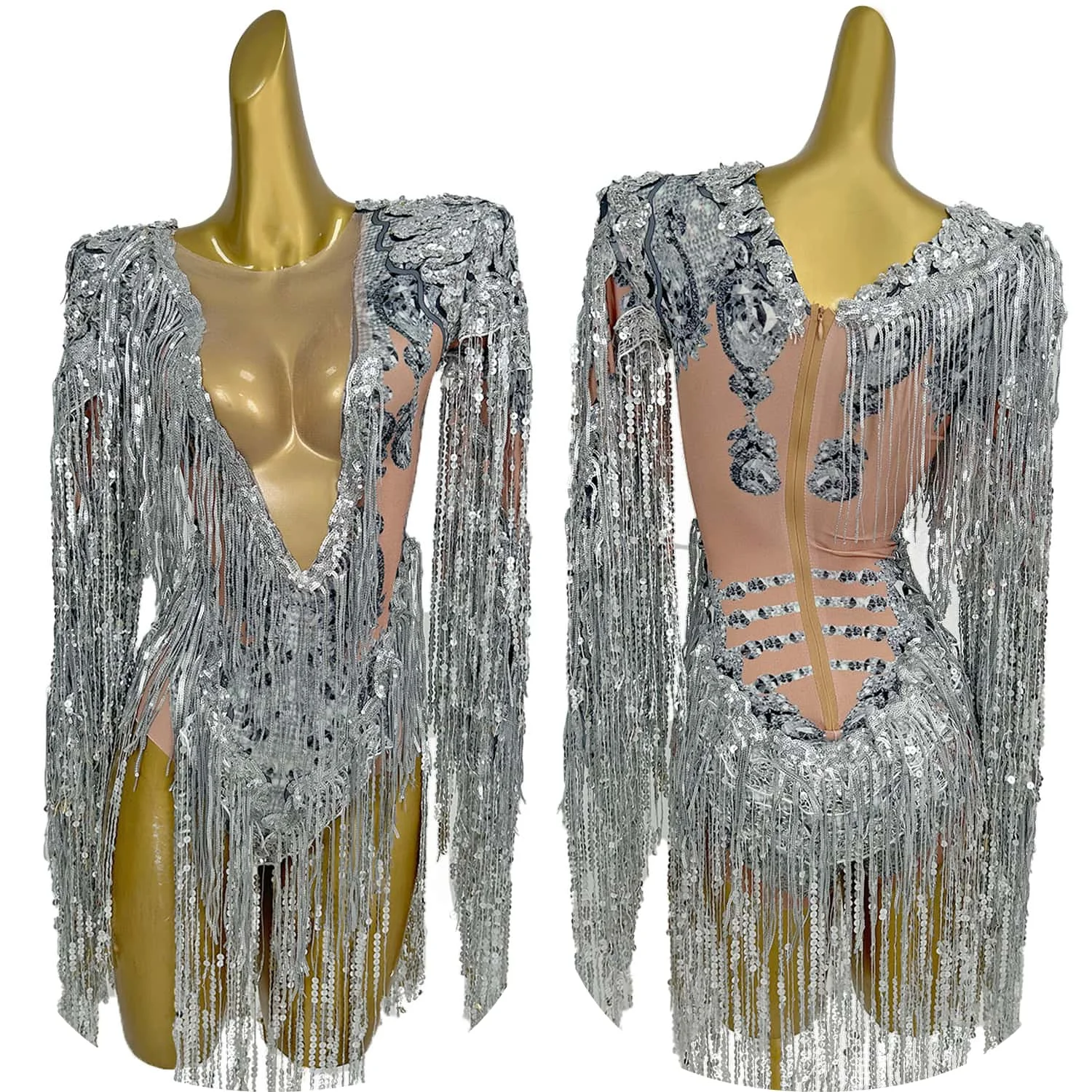 Shining Silver Tight Bodysuit Performance Dance Costume Women Sexy Mesh Stretch Sequins Fringes Nightclub Stage Outfit Liutang