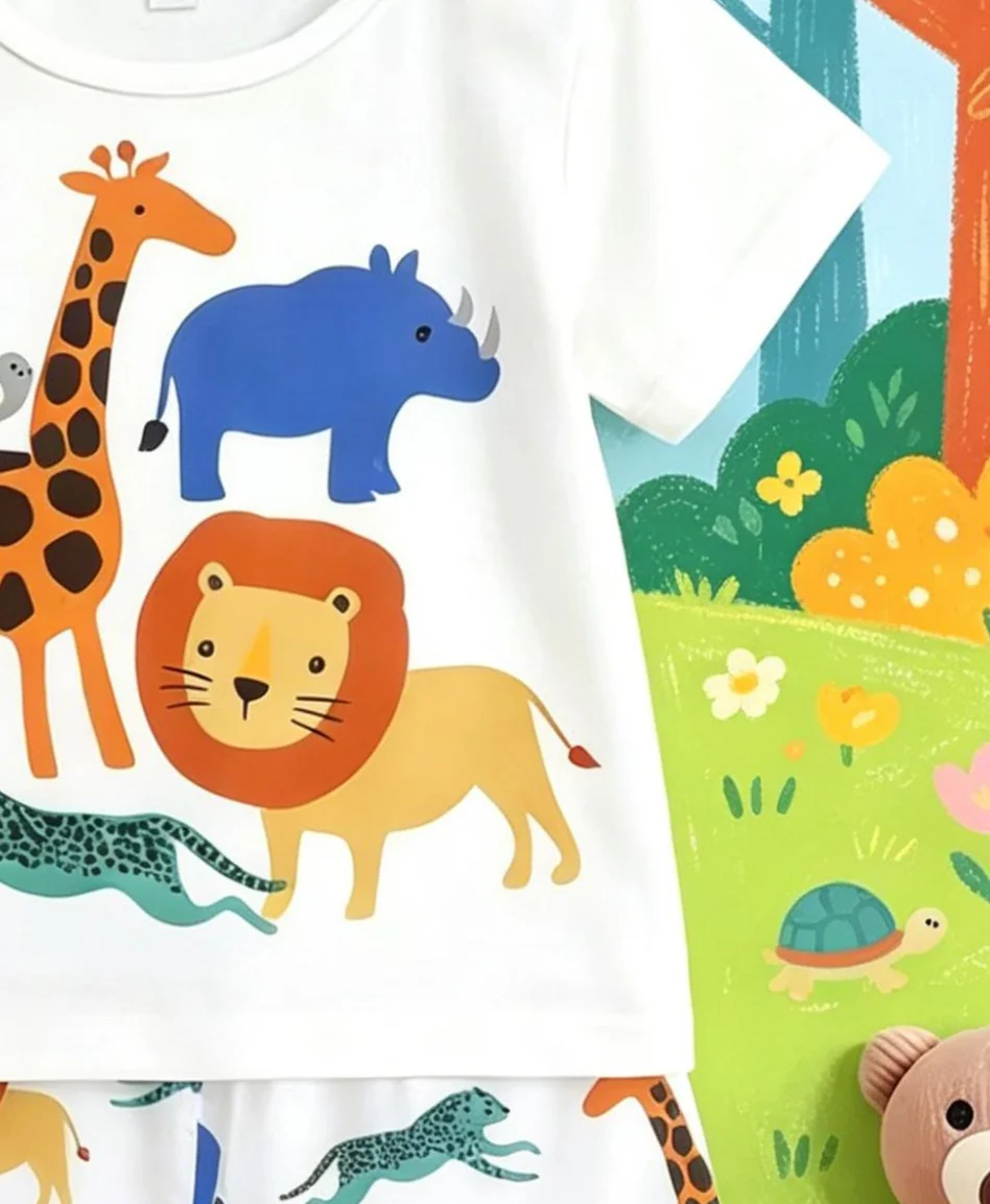 Zweiteiliges Set mit Zoo-Print für Jungen: frisches T-Shirt + lockere Shorts, deckt den Komfort und den natürlichen Spielmut von Kindern ab – Detail 4