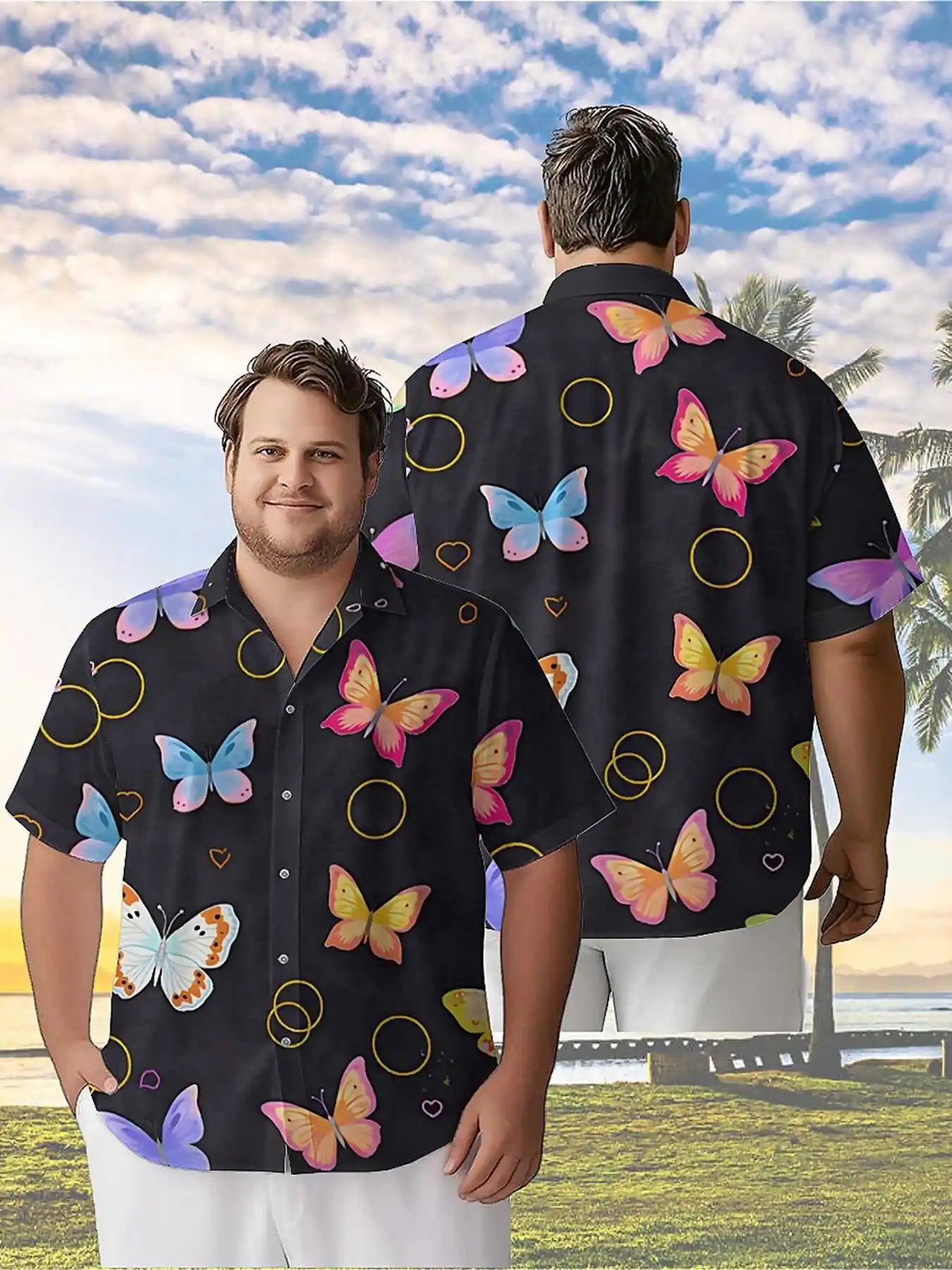 

Men's Plus Size Hawaiian ShirtsColorful Butterfly Wings Printspattern, Button Up Shirts, Unisex Casual Clothing, Summer Tops