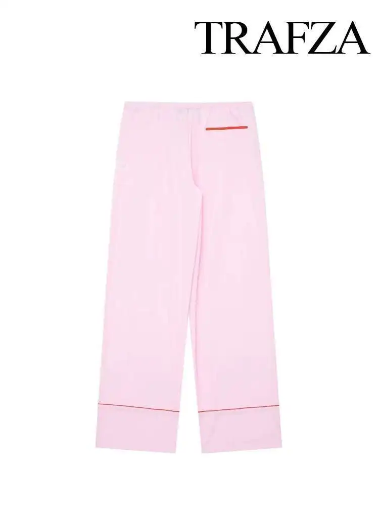

Spring Chic Woman Loose Long Pink Mid Waist Pockets Lace-Up Trousers Female New Fashion Casual Wide Leg Pants