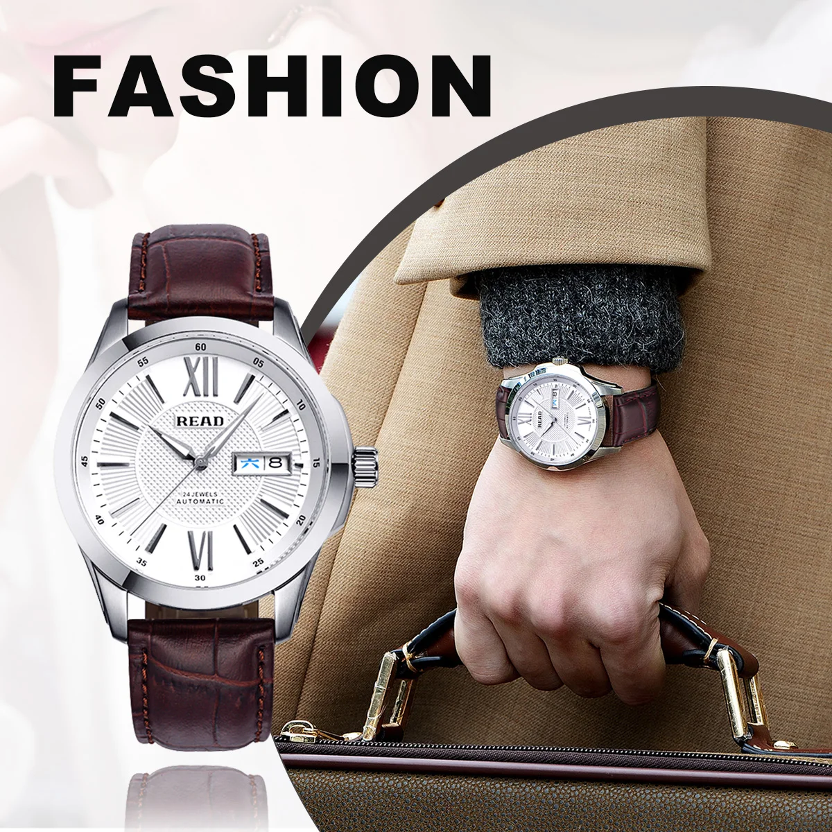READ Men Automatic Mechanical Watch | Brown Leather Strap | Sapphire Glass | Roman Day‑Date Dial | 50M Water Resistant