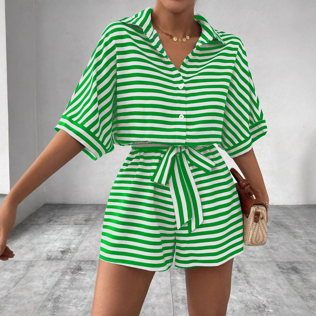 

Summer New Set For Women's Casual Loose Comfortable Outfit Fashion Striped Batwing Sleeve Shirt Top+ Shorts 2-piece Sets Woman