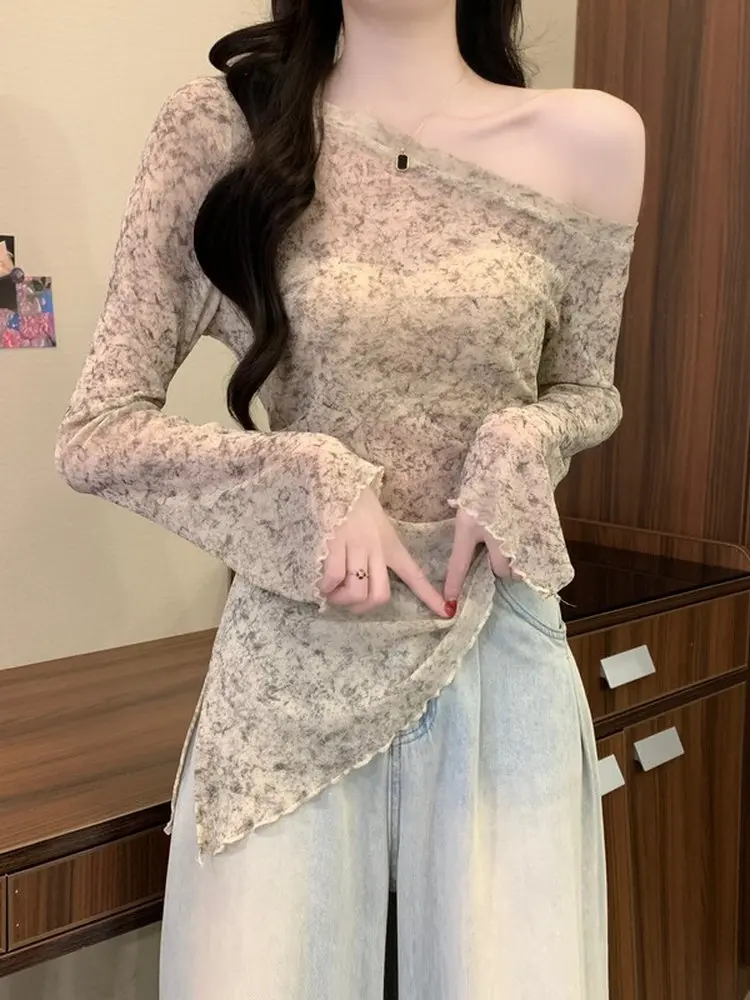 スイート スレ ロング スヴェ タイダイ スリムフィット ショルダーTシャツ レディース ソフトで美しい 薄手 ショルダートップ 初秋向け