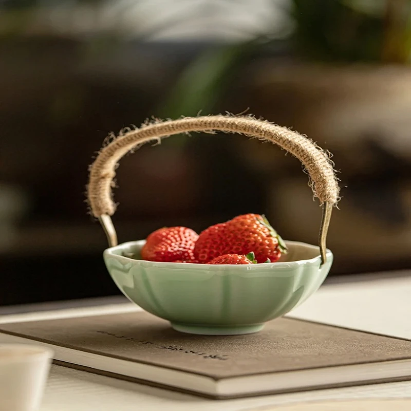 

Ceramic Fruit Plate Exquisite Fruit Basket Chinese Rope Tied Portable Dim Sum Tray Creative Personality Octagonal Tea Tray