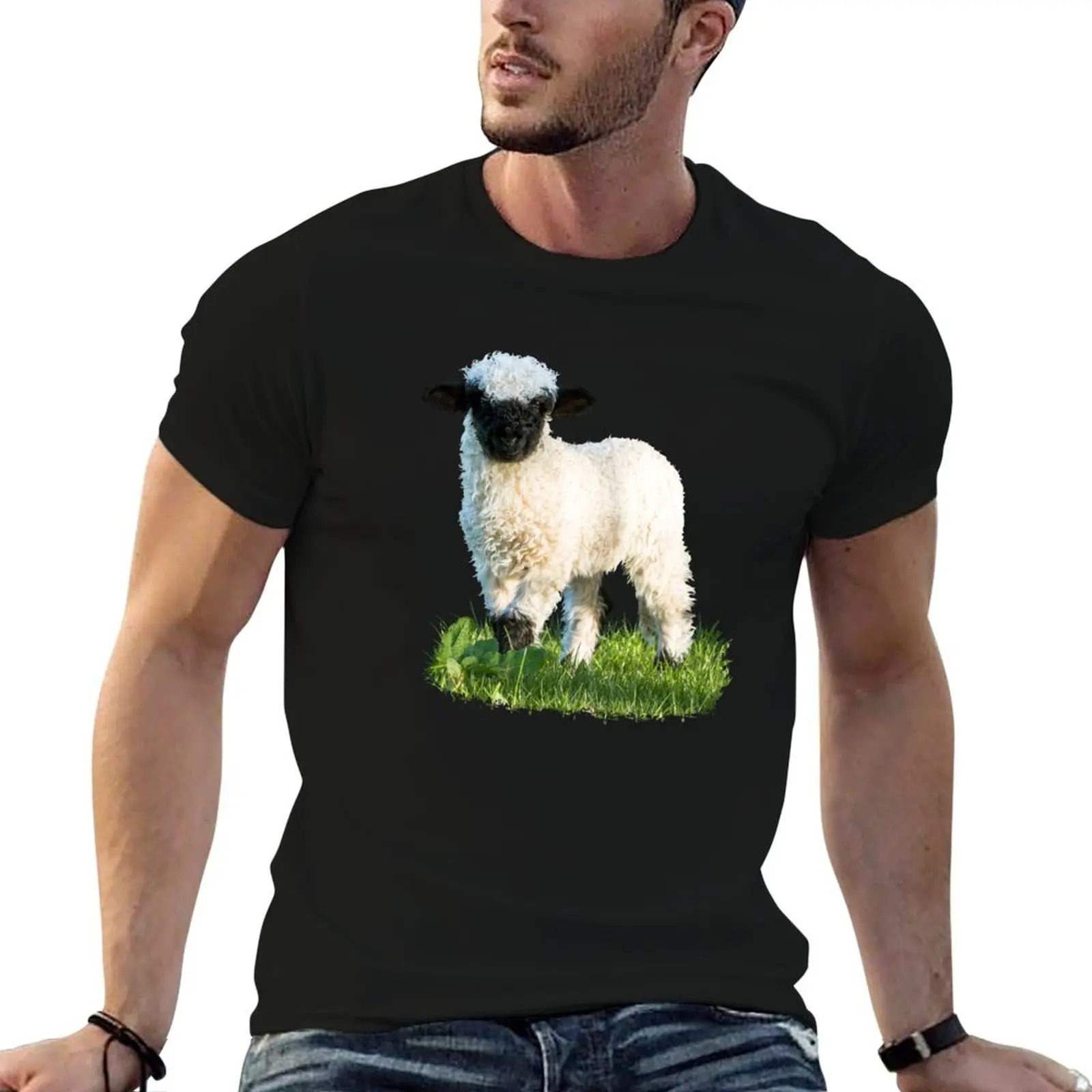 Valais Blacknose Lamb in a Meadow T-Shirt Christmas Casual Tee Shirt