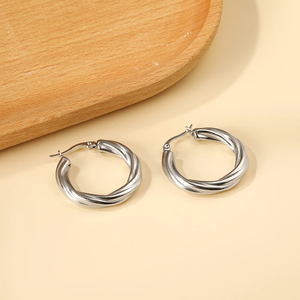 LUXUSTEEL Trendy Twisted Hoop Earrings For Women Golden Plated Silver Color Stainless Steel Round Circle Earrings Punk Jewelry