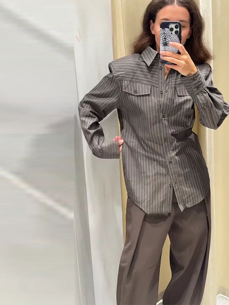عادية مخطط قميص مستقيم مجموعة بناطيل رجالي المرأة ريترو شيك الخصر مقصوص قميص فضفاض السراويل مجموعات سيدة الخريف الكلاسيكية الشارع وتتسابق #2