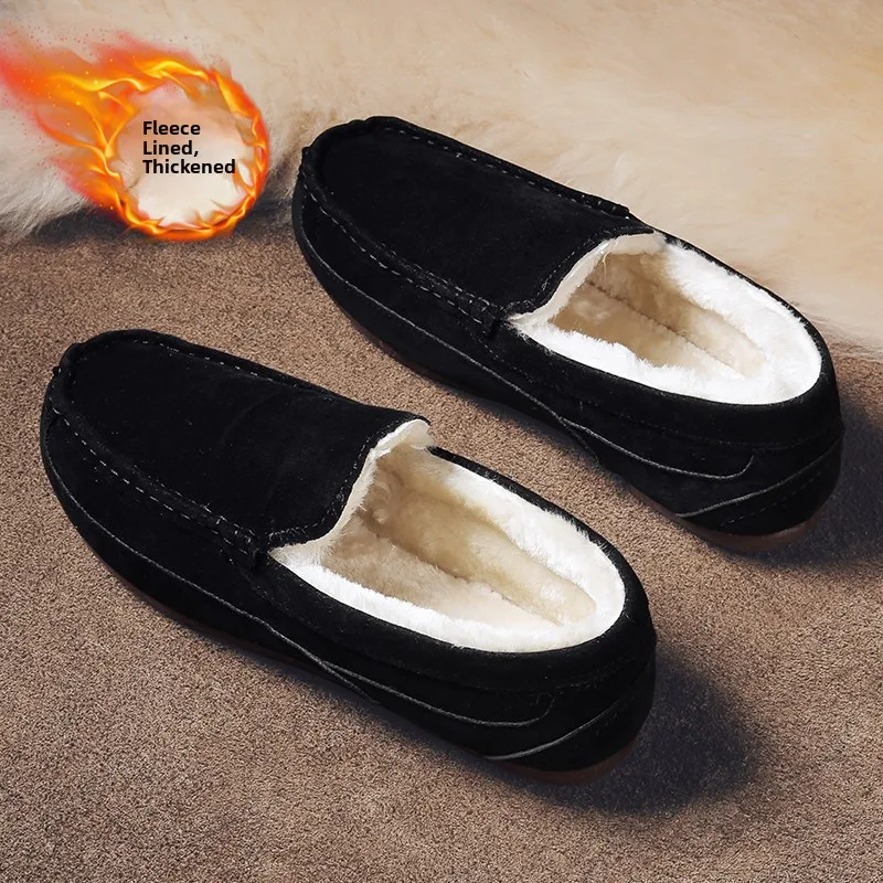 

Men's Winter Fleece Lined Slip-On Loafers Warm Cotton Driving Soft Bottom Black Nubuck Fashionable Youth Trend round Toe Rubb...