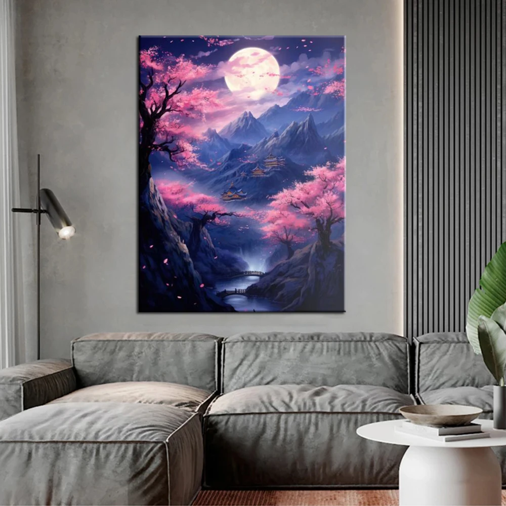 5D DIY Diamond Painting Moon Cherry blossoms and Mountain peaks Cross Stitch Mosaic Home Living Room Wall Decor Gift J3524