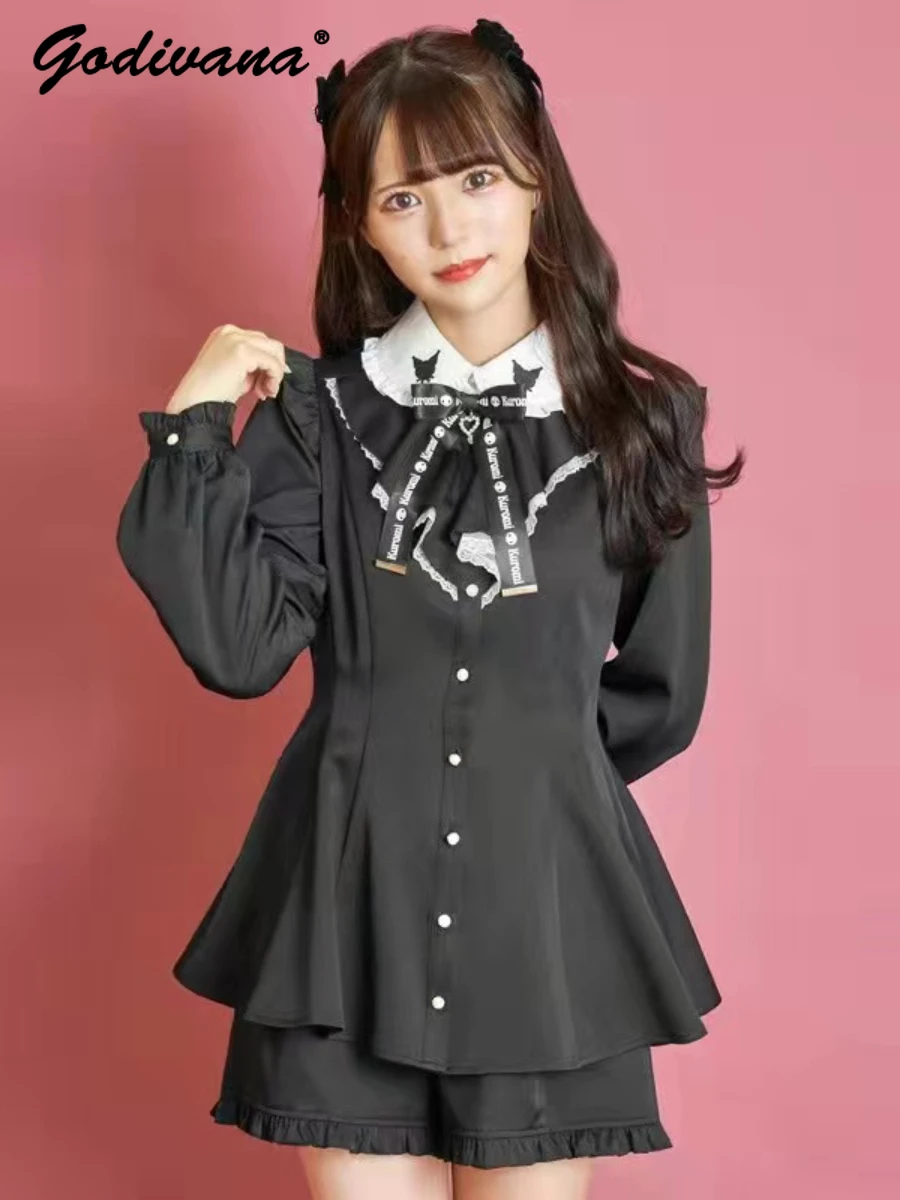 SC Kuromi Embroidered Mine Series Mass-Produced Black Shirt Shorts Ladies Two-Piece Japanese Lolita Mine Series Women's Outfits