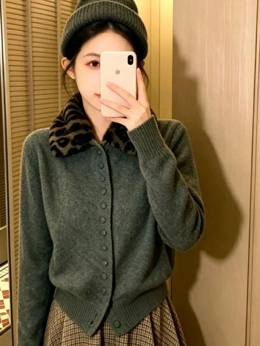 Retro Knitted Open Cardigan Women's Fashionable Leopard Print Collar Sweater Outerwear Autumn New Style Atmosphere Sensation ...